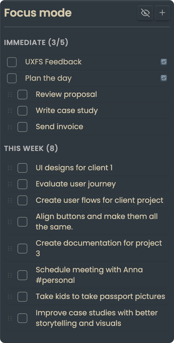 Focus plugin showing habits, immediate, and this week sections
