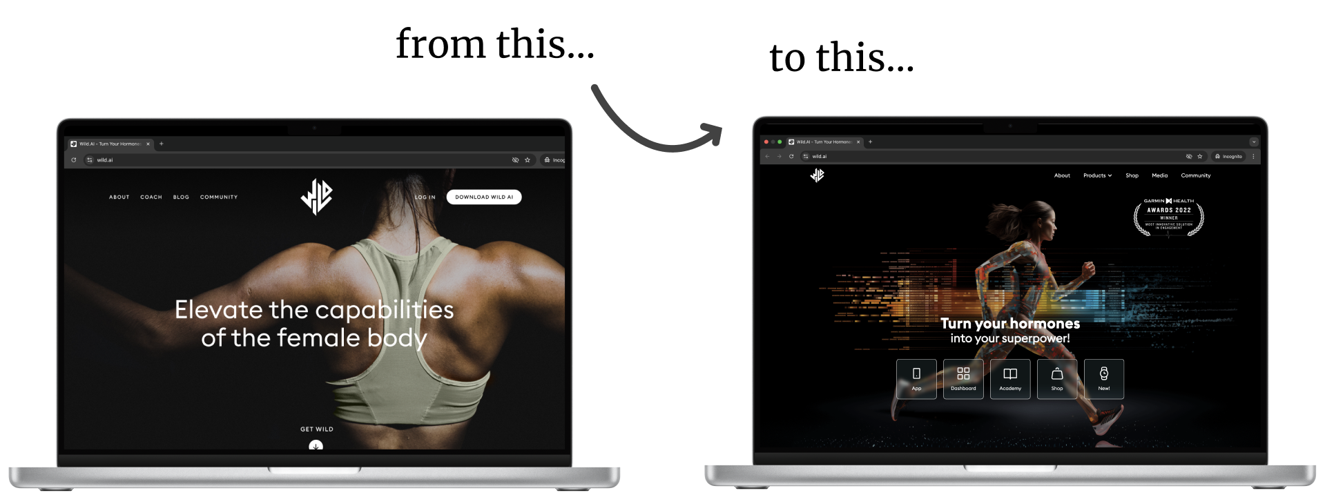 Image of a before and after of the website